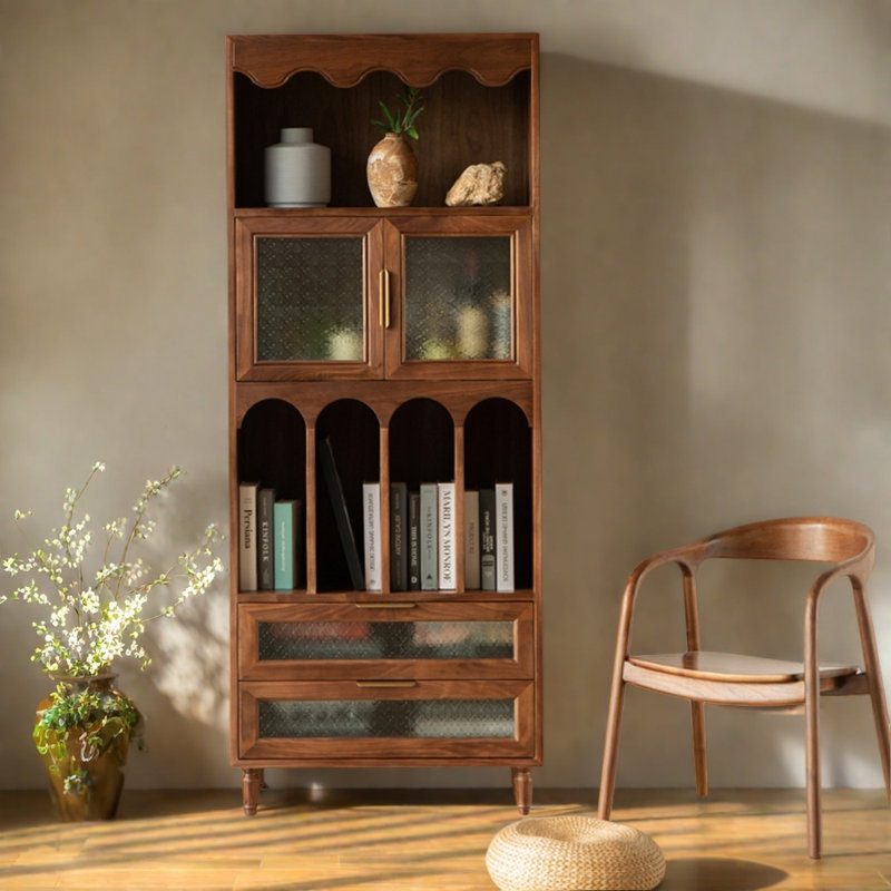 Simple Retro Glass Door Solid Wood Bookcase, (2 Shelves) 78.74"H x 35.43"W x 15.74"D
