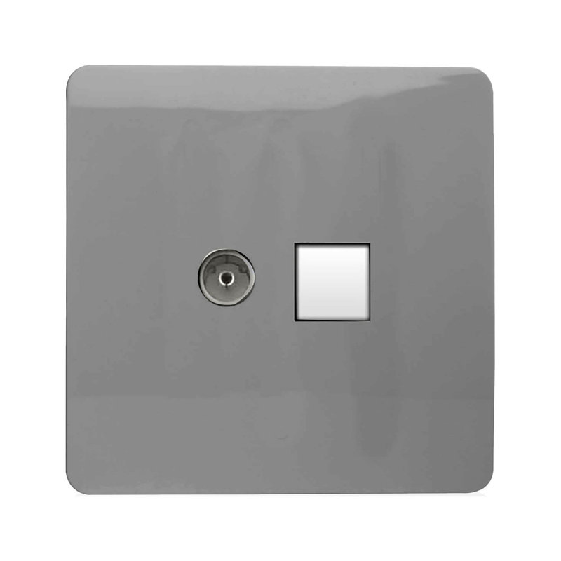 Trendi Switch 2 Gang Female TV Co-Axial & RJ45 Cat 5e PC Ethernet Sockets, Light Grey