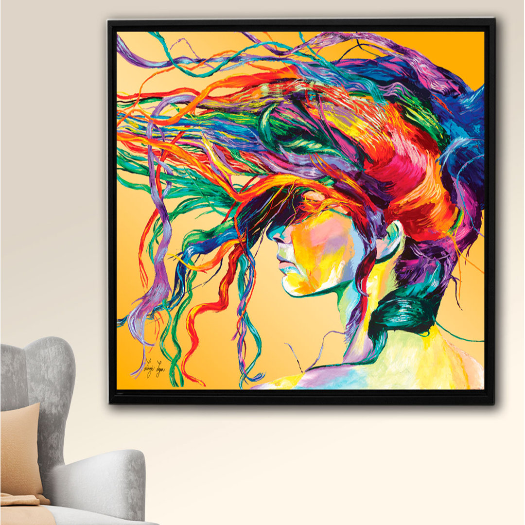 'Windswept' by Linzi Lynn, Modern Abstract Woman with Colorful Rainbow Hair, Inspirational  Wall Art Ebern Designs Size: 14" H x 14" W x 2" D Format: Black Floater Framed