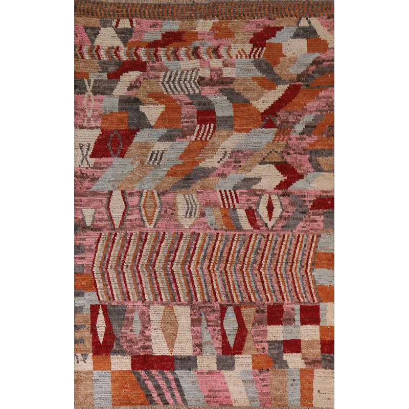 Tapis rose en laine noué à la main de conception unique 7 pi x 9 pi 7 po New Age