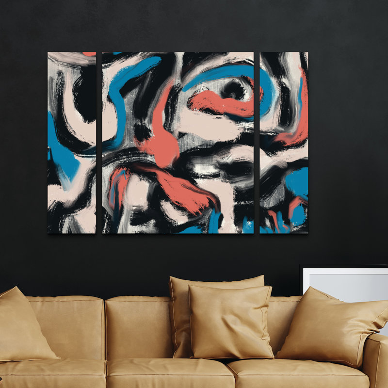 Ensemble de 3 panneaux muraux «Little Dean», encre et huile abstraite, art mural sur toile pour le salon, la chambre à coucher ou le bureau 
