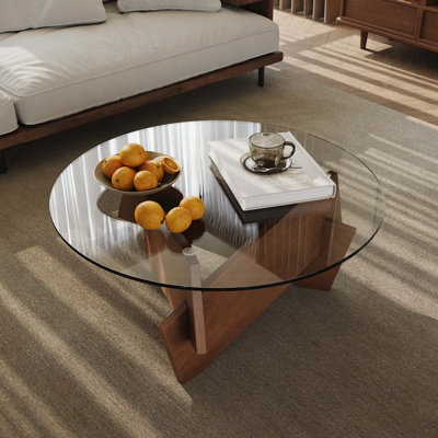 Modern Round Coffee Table for Living Room - Mid Century Centre Table,35.4" x 35.4" x 14.7" Tempered Glass Top for Living Room,Home Coffee Table with Solid Wood Veneered