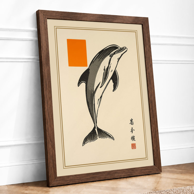 Leaping Dolphin Japandi - Framed Print, A1 - 84.1 x 59.4 cm, Walnut