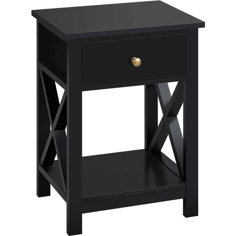 1 Drawer Bedside Table with X-Shape Frame, Black