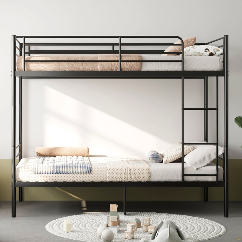 Lit superposé avec échelle et garde-corps haut, barres transversales de 19 lits, capable de se séparer, lit superposé en métal, espace de rangement, silencieux, lit simple au-dessus d'un lit simple, noir