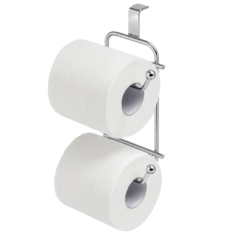 Basicwise Over-the-Side Tank Double Toilet Paper Holder Compact Modern Bathroom Organizer Practical Storage Rack for Extra Rolls Offering Quick & Easy Access for Everyday Use Neat Space Accent, Silver