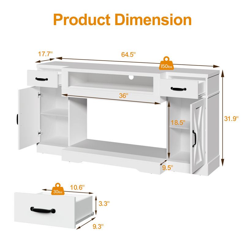 65" Large TV Stand, White