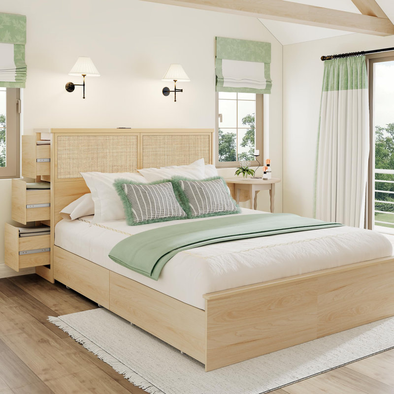 Boho Natural Rattan 10-drawer Storage Bed