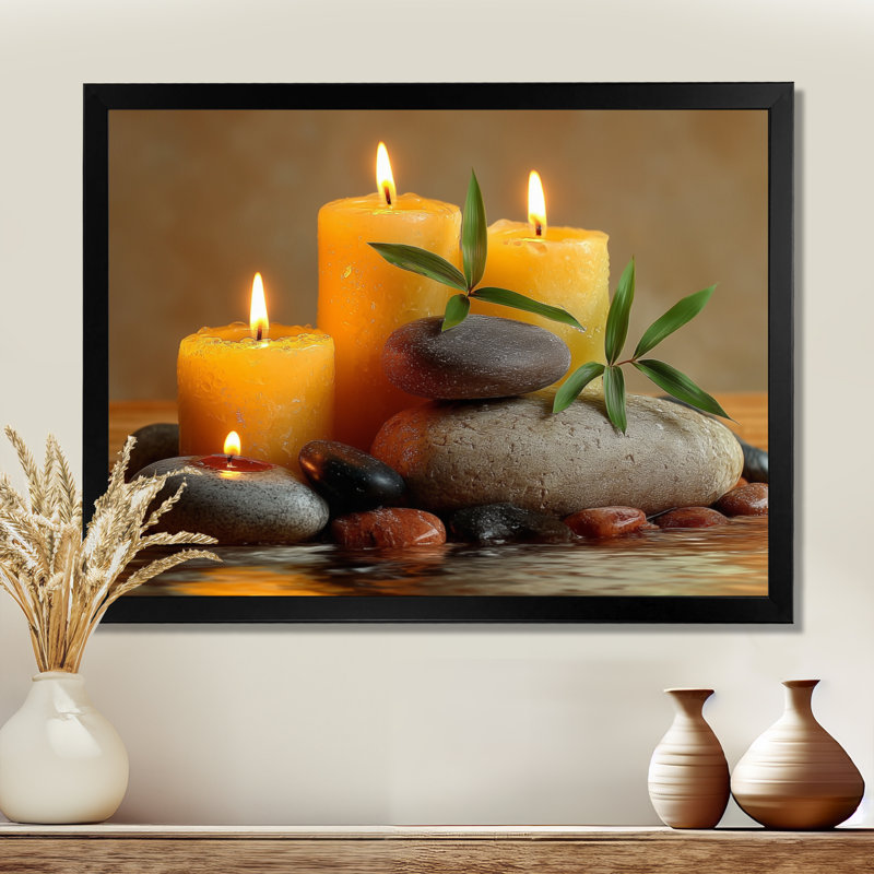 «Relaxation Candles And Bamboo», art sur toile en bambou, art mural gris asiatique, Cadre photo unique, Noir