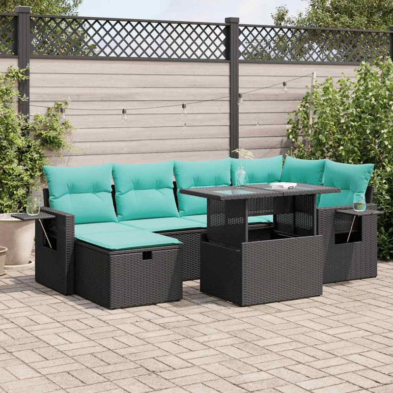  7 Piece Patio Sofa Set With Cushions Poly Rattan Acacia, Gray, Green
