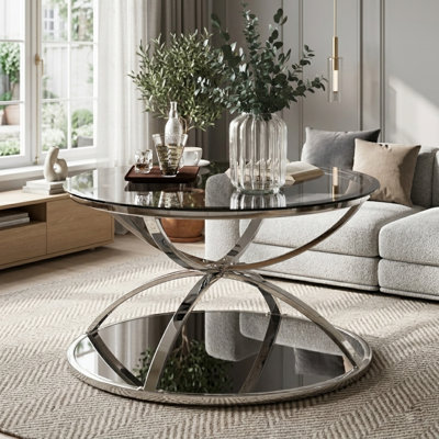 31.50" Modern Glass Coffee Table with 2 Tiers, Ring-Shaped Frames, Chrome Finish and Tempered Glass for Living Room