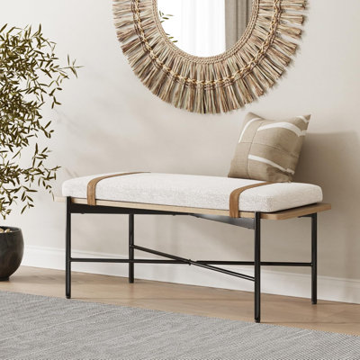 Upholstered Entryway Bench With Removable Boucle Cushion, Vegan Leather Straps, And Matte Black Metal Legs