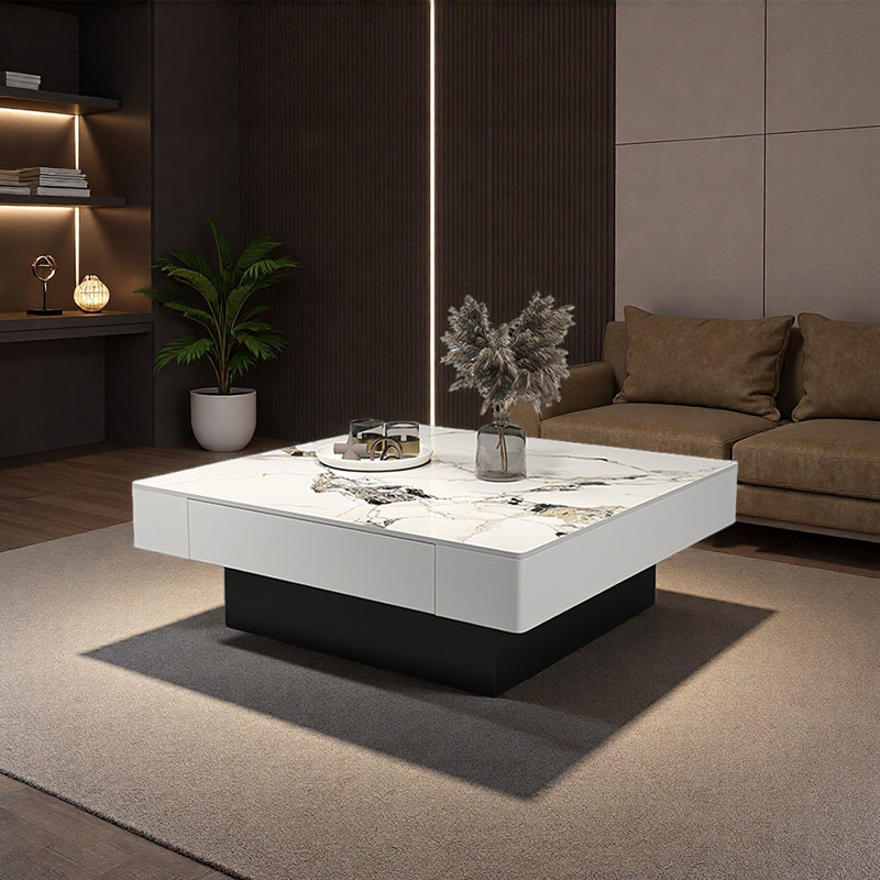 Modern minimalist square granite slab coffee table, 13.8" H x 27.6" L x 27.6" W, White