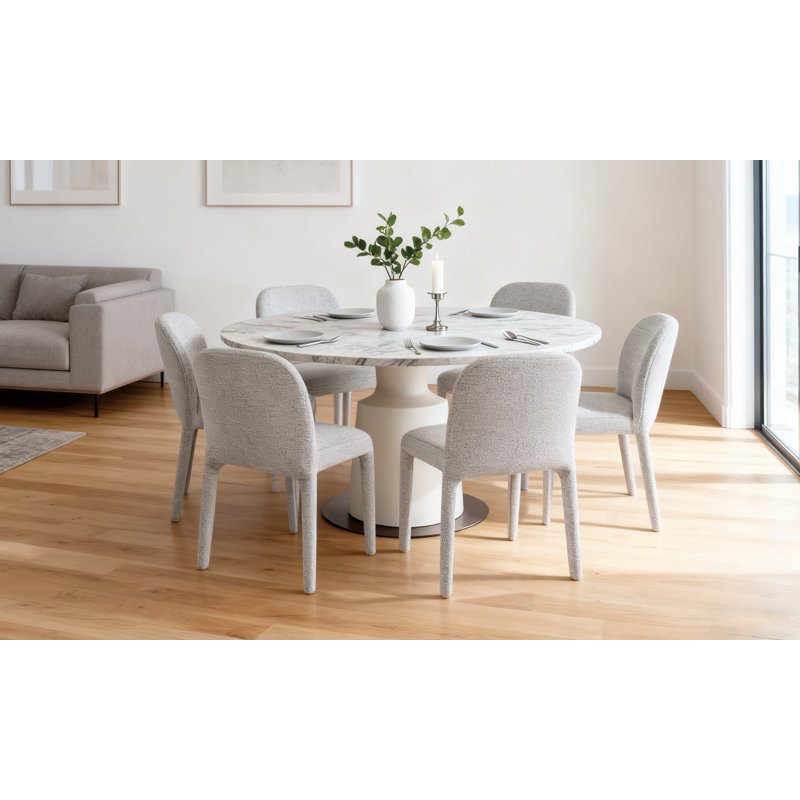 Modern Upholstered Curved Back Neutral Fabric Dining Chair, Gray, 6