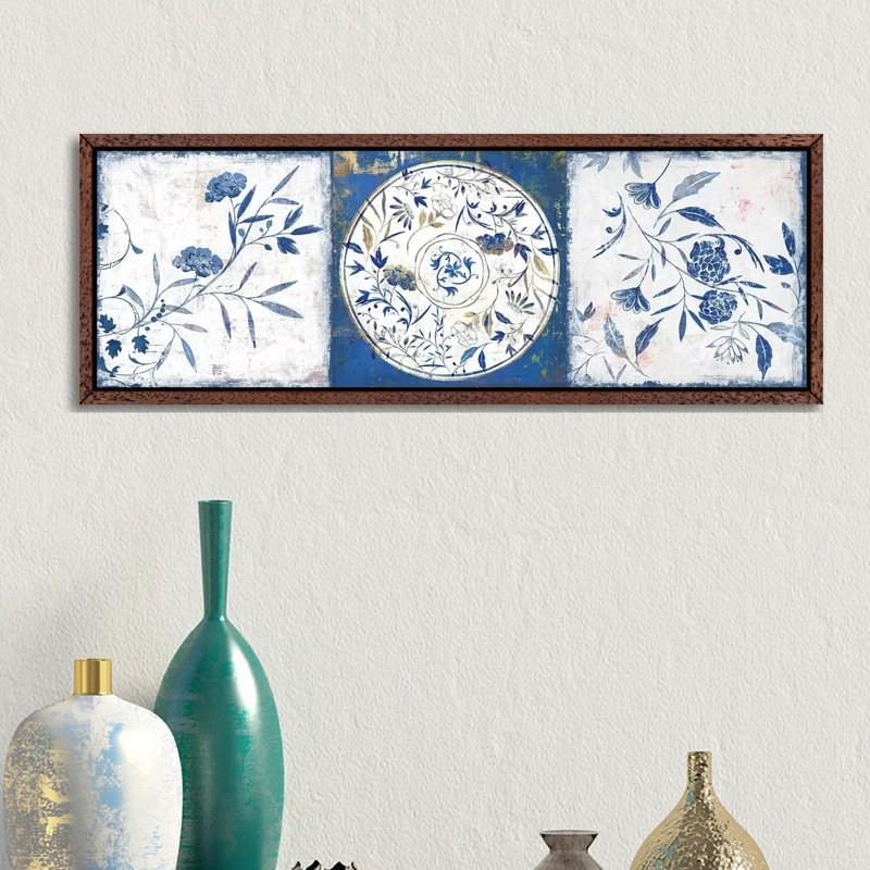 Indigo Ceramics I by Isabelle Z - Panoramic Print on Canvas, Classic Brown Wood Framed, 30.48 cm H x 91.44 cm W