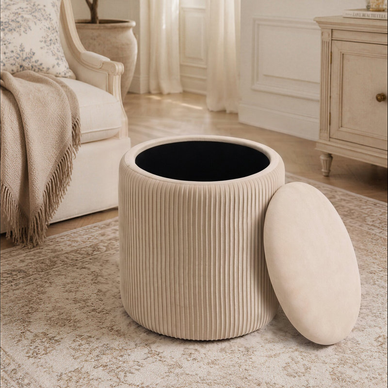 37.5cm Wide Velvet Cylinder Striped Standard Ottoman, Beige
