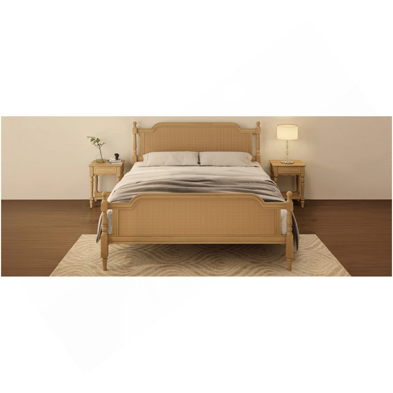 Traditional Style Rattan King Size Bed Frame,No Box Spring Needed,Antique Walnut