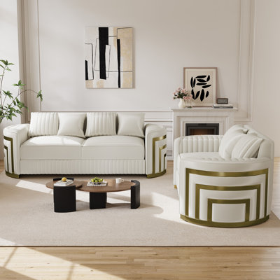 2-Piece Velvet Sofa Set with Crescent Gold Accent Arms