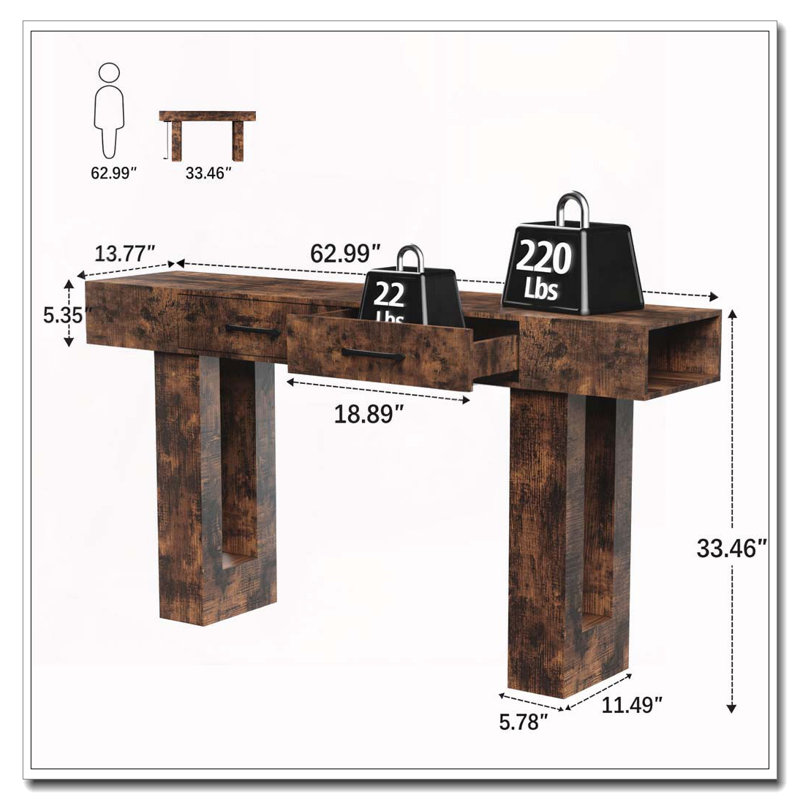 63-Inch Long Console Table, Wooden Rectangular Sofa Table Behind The Couch, Vintage Brown