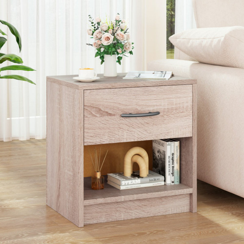 Table de chevet avec tiroir et tablette de rangement ouverte, Naturel