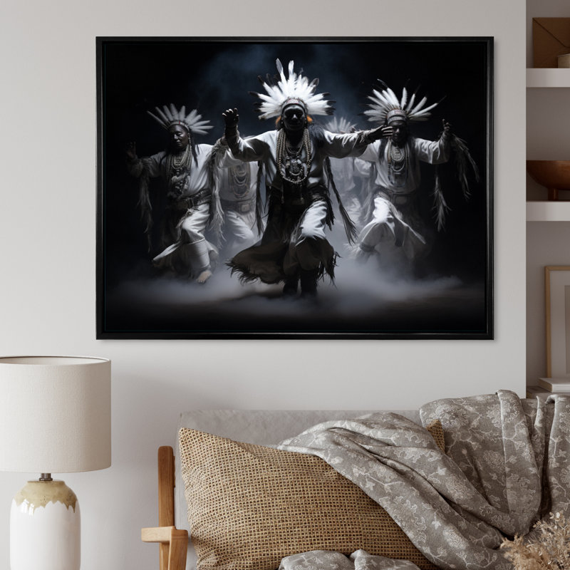 Native Art Dance Of Spirits Framed On Canvas Print, H 16 po x l 32 po x P 1 po, Cadre flottant noir