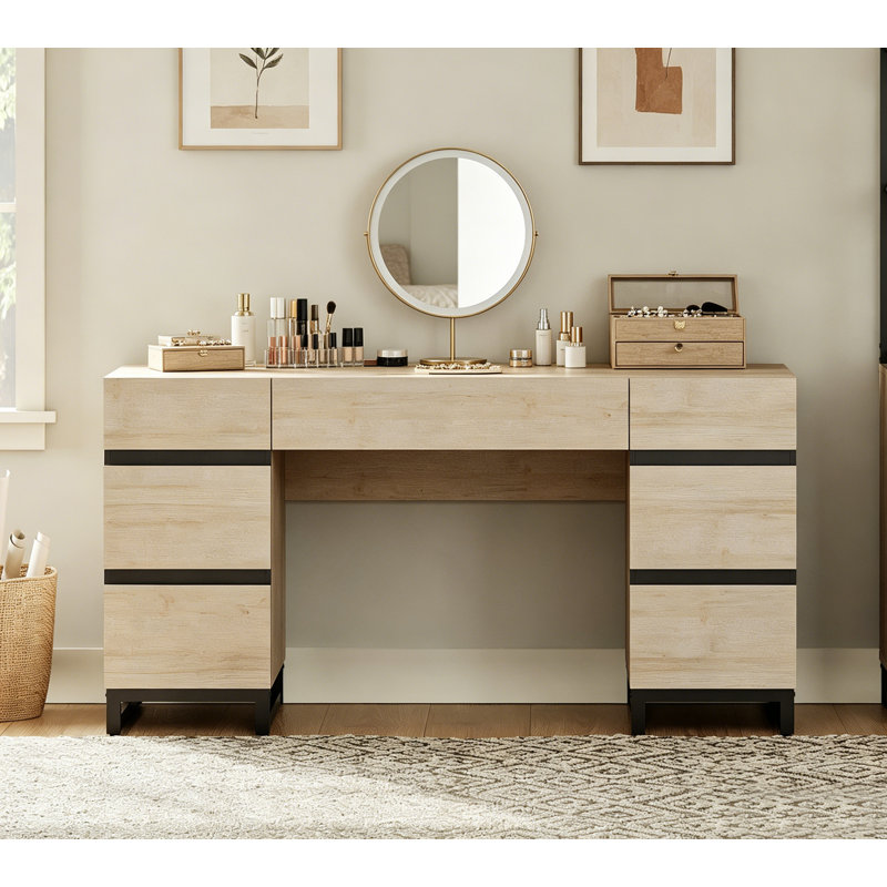 59" Modern Vanity Desk With Drawers, Bedroom Makeup Vanity Desk With Charging Station, 7 Deep Storage Drawers, Wood Dressing Vanity Desk For Bedroom Dresser & Cosmetic Organization