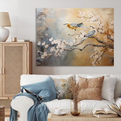 Or doré et gris sur un arbre floral I - oiseau, art mural