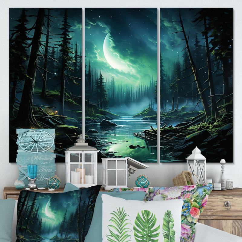 Northern Lights Forest Dreams II - forêt et rivière, art mural, Toile tendue, H 28 po x l 36 po
