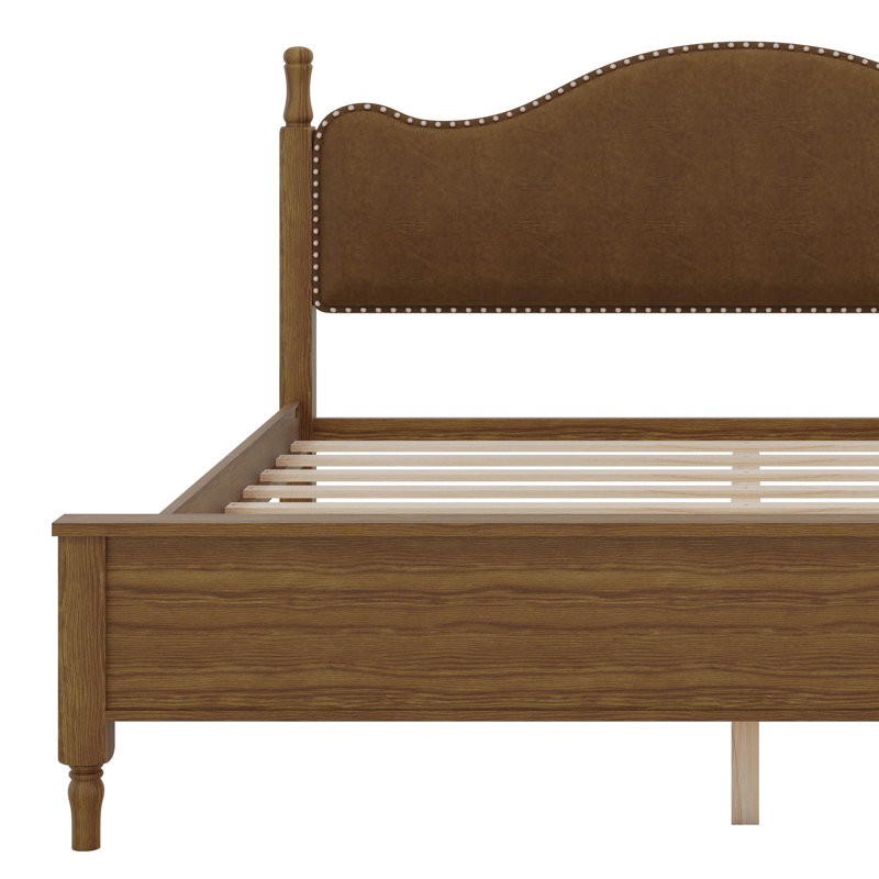 Lit plateforme en bois avec tête de lit rembourrée, lit plateforme moderne du milieu du siècle avec tête de lit