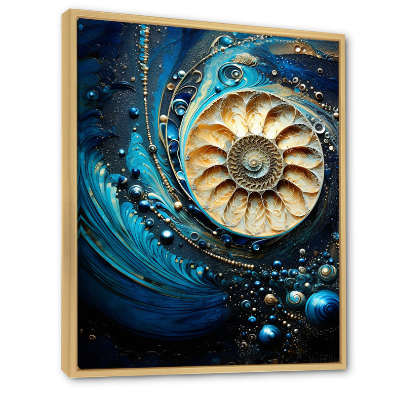 Nautilus, saphir, coquillages I sur toile, H 44 po x l 34 po x P 1,5 po, Cadre naturel flottant