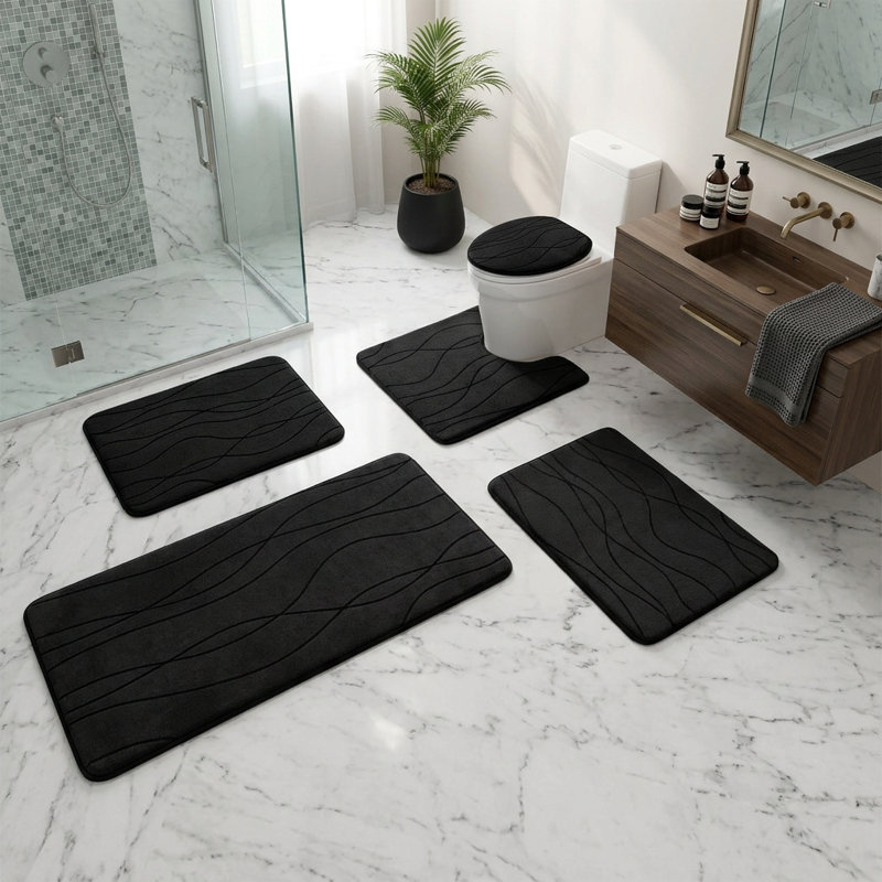 5 Piece High Absorb 25D Memory Foam Bathroom Rug Set with Non-Slip Backing, Black