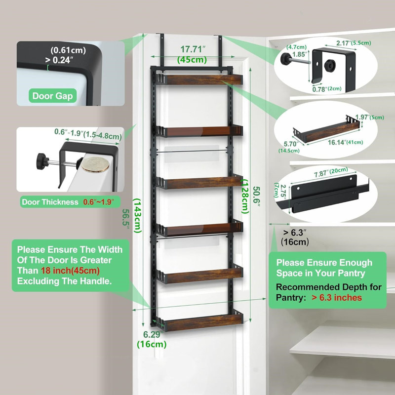 6-Tier Over The Door Pantry Organizer, Adjustable, Space Saving,Black And Brown
