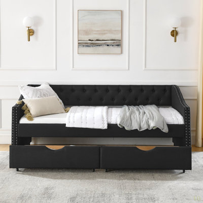 Full  Daybed With Drawers Upholstered Tufted Sofa Bed, With Button On Back And Copper Nail On Waved Shape Arms) by Ebern Designs