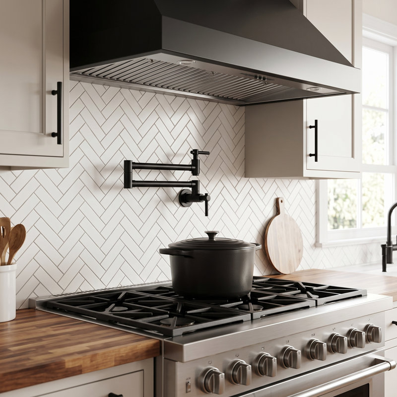 Brass Wall Mounted Two-Handle Pot Filler Kitchen Faucet with Double Joint Swing Arm, Black