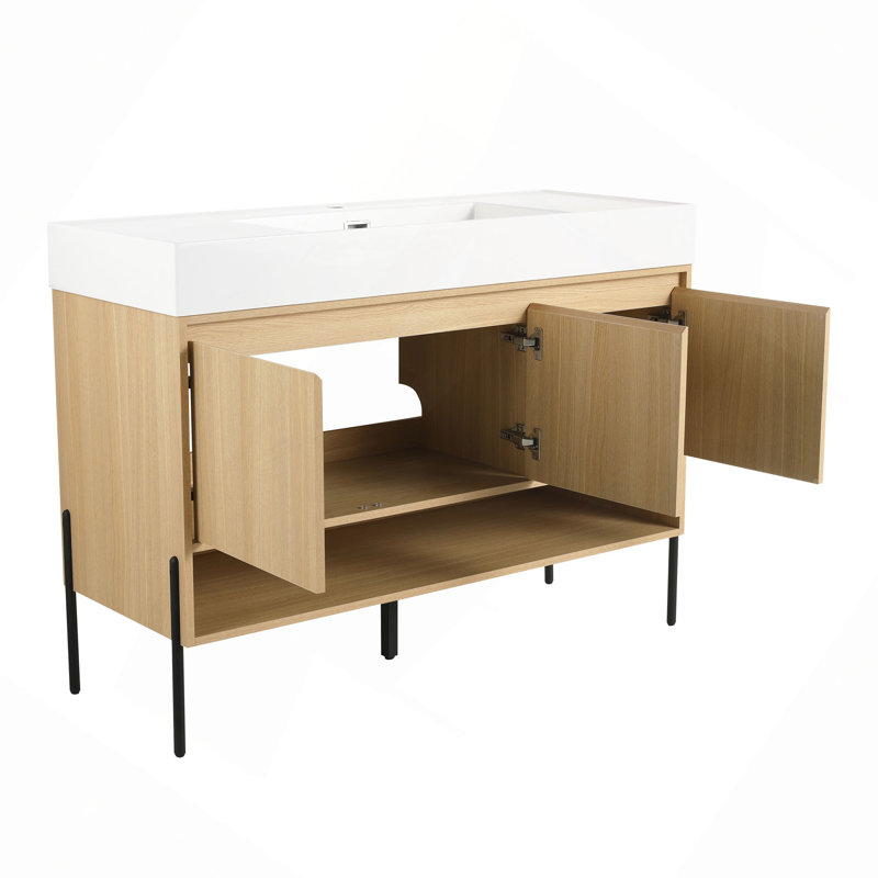 Ensemble de meuble-lavabo 48 po avec lavabo simple en résine, ensemble d'armoires de rangement modernes 3 portes, bois massif multicouche
