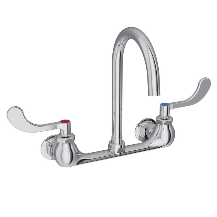 8" Centerset Deck Mount Laminar Flow Faucet with 5" Gooseneck Spout 4" Wristblade Handles 1/2"  Offset Inlets
