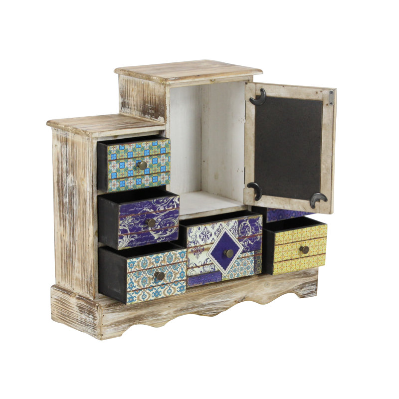 Boîte à bijoux en bois 7 tiroirs brun clair avec motifs patchwork