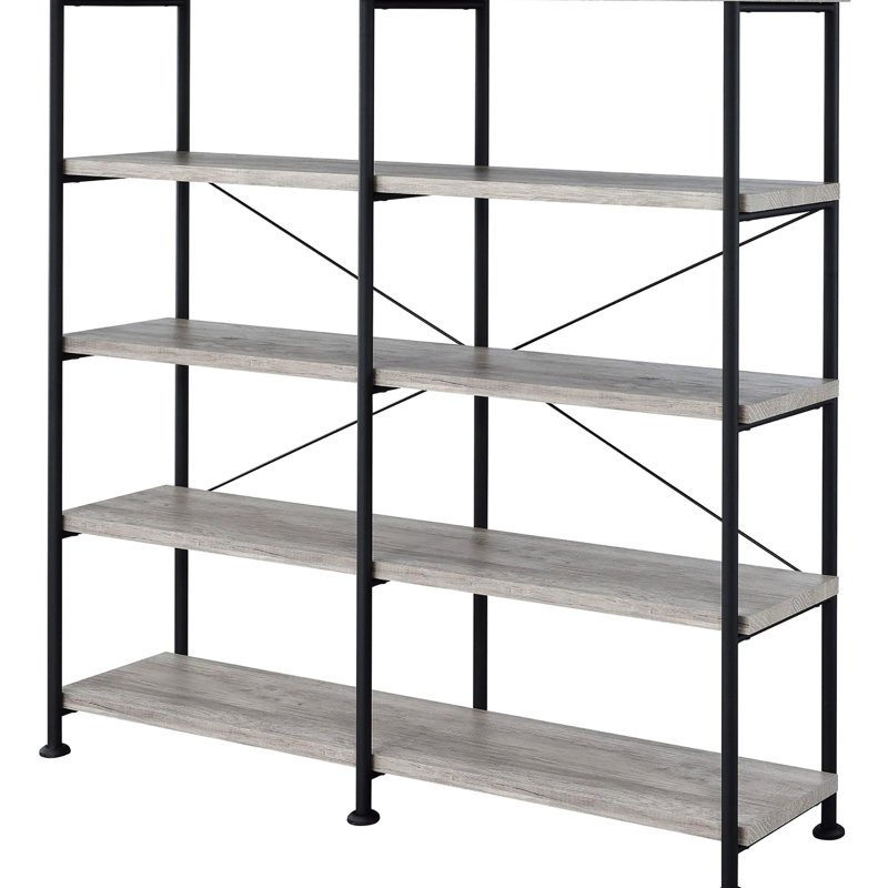 Bibliothèque rustique, bois de grève gris et noir, 4 tablettes, bureau, structure en métal noir à 4 tablettes, Gris