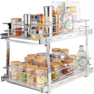 2 Tier 12.7" Wx21 Dx3.1" H Pull Out Cabinet Organizer, Heavy Duty Slide Out Pantry Shelves, Chrome-Plated Steel Roll Out Drawer For Under Sink, 11.8" Wx20.3" Dx3.1"H Install Size For Cabinet
