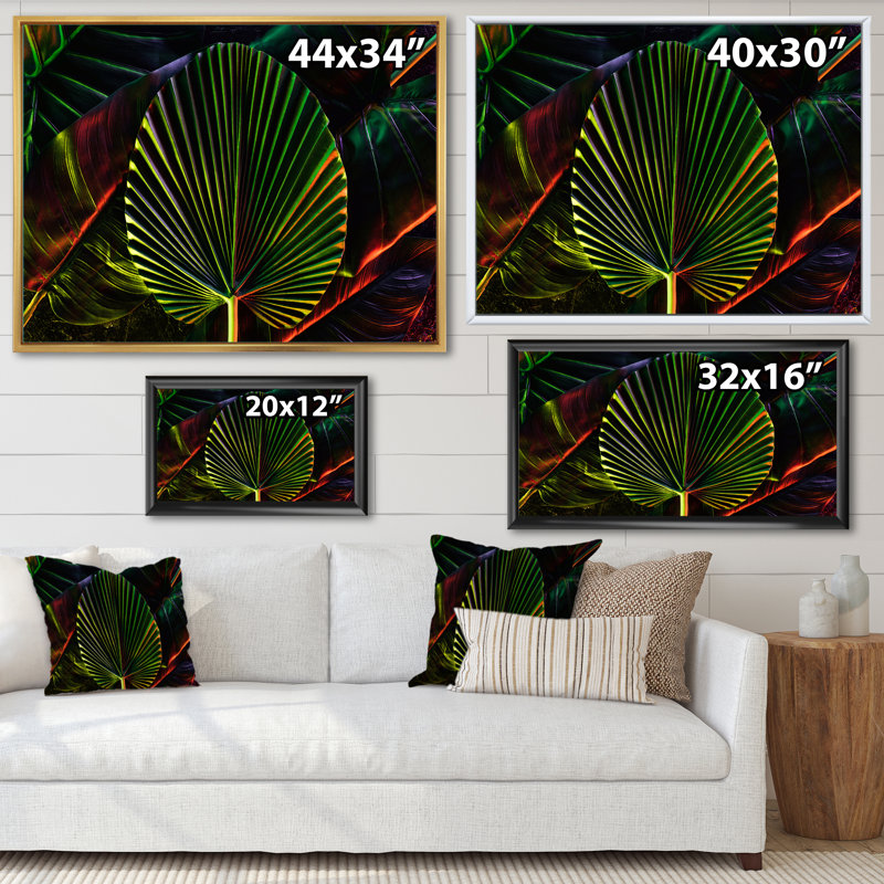 Feuilles tropicales ton sur ton noir I - peinture sur toile, H 12 po x l 20 po, Cadre flottant blanc