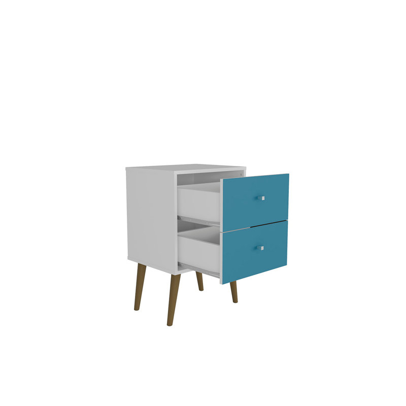 Table de chevet 2 tiroirs Liberty Mid-Century moderne bleu turquoise et blanc, Bleu aqua