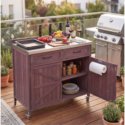 K&K 39.4" Outdoor Kitchen Island with Stainless Steel Top, Dark Brown – Rolling Storage Cabinet with Drawer, Adjustable Shelves & Locking Wheels