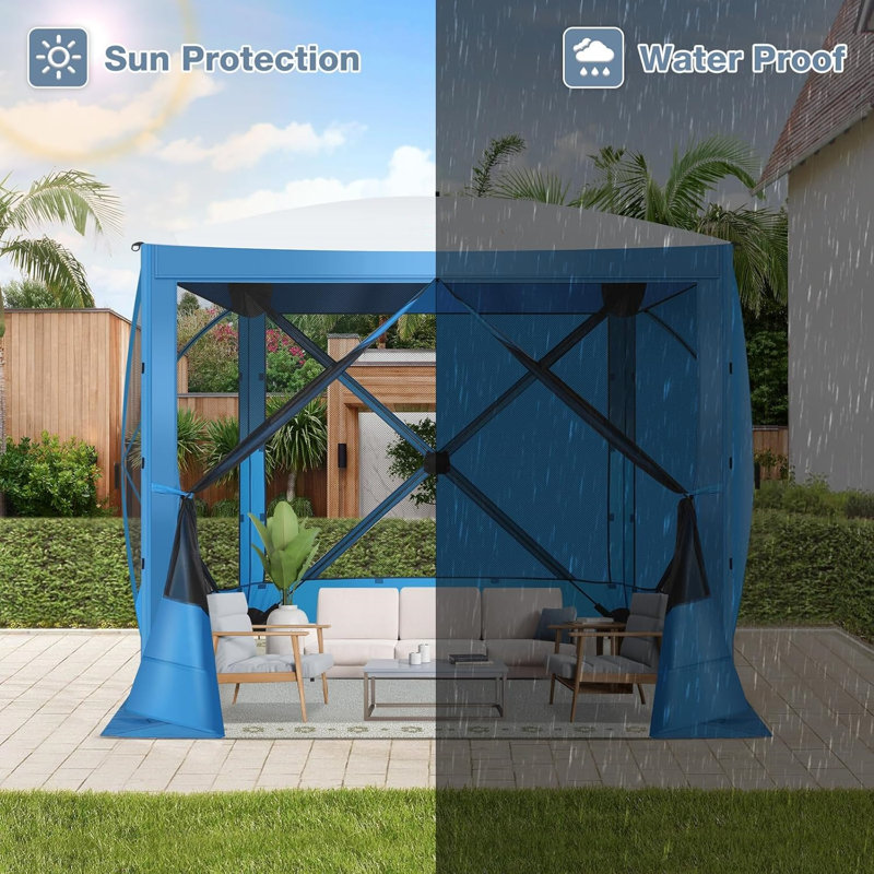 6x6FT Camping Gazebo Screen Tent,  Sided Pop-up Canopy Shelter with Mesh Windows, Blue