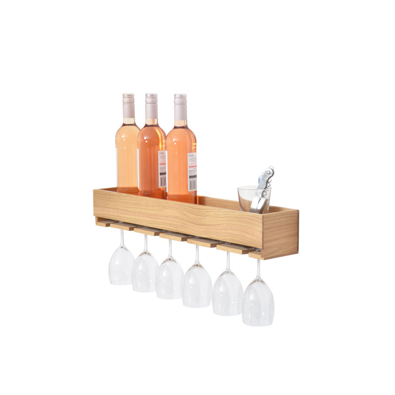 Denon 5 Bottle Solid Wood Wall Mounted Wine Bottle & Glass Rack in Brown
