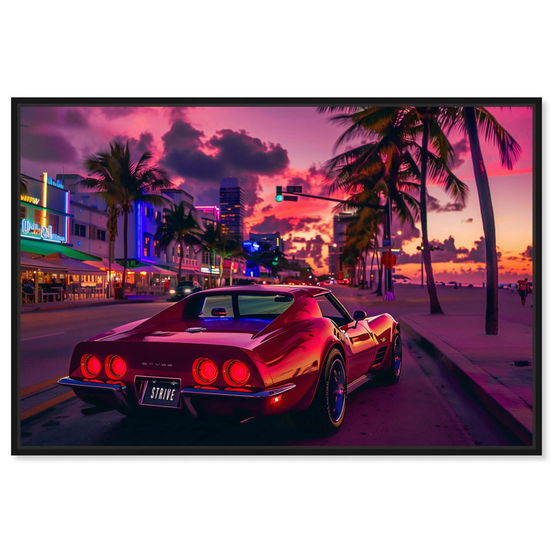 «Sunset Drive Down Miami Beach», reproduction d'art sur toile par Art Remedy, H 11 po x l 16 po, Noir, noir, noir, noir