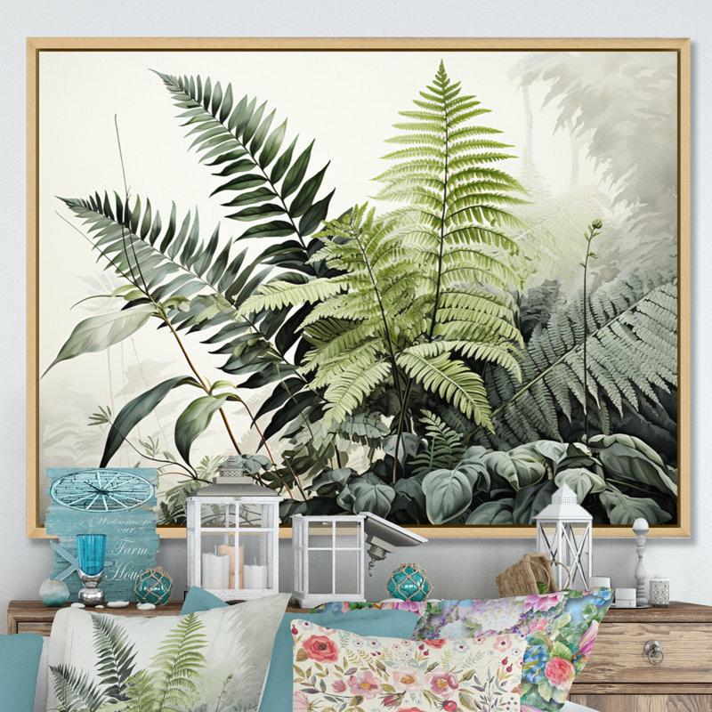 Aafiyah Ferns Topaz Reflections - Imprimé, H 16 po x l 32 po x P 1 po, Cadre flottant brun