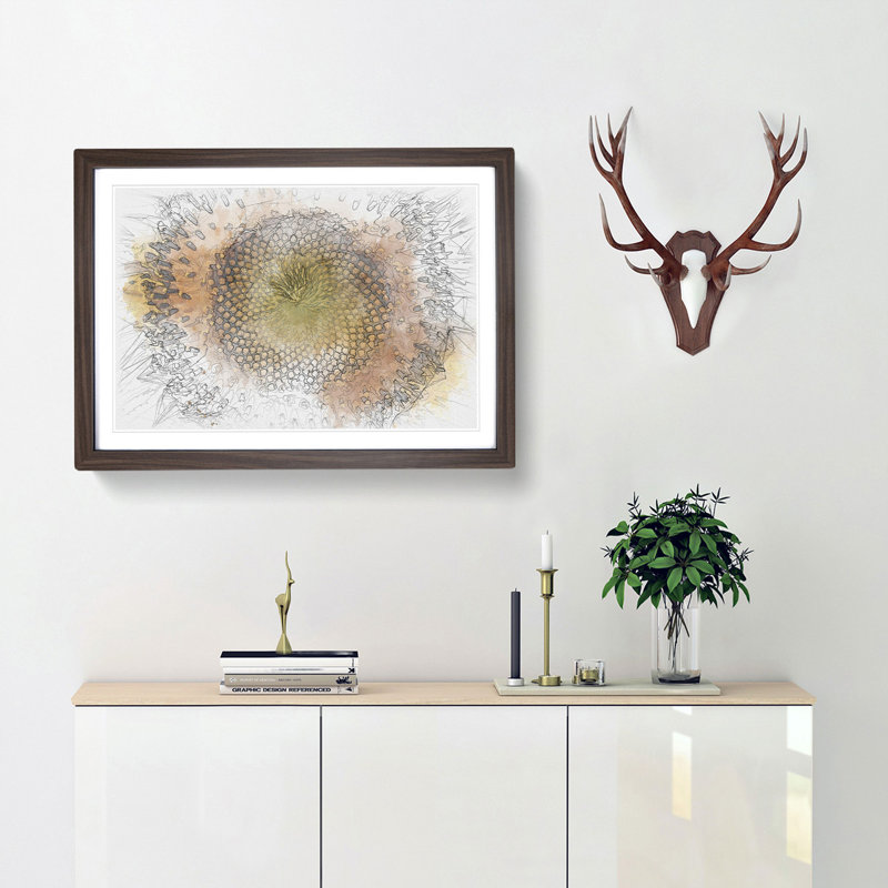 The Eye of a Yellow Sunflower Sketch - Picture Frame Graphic Art Print, 36cm H x 48cm W x 2cm D, Walnut Framed