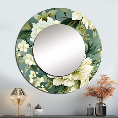 Rithika beige et pivoines vertes damassées sérénité - miroir décoratif floral, miroir mural rond de maison, art en métal imprimé