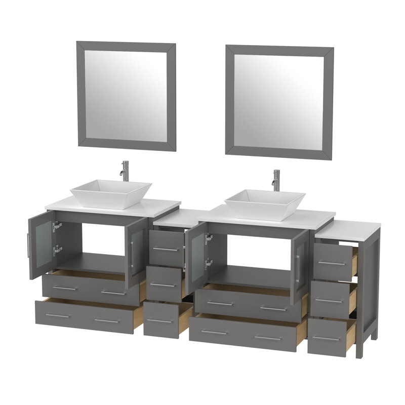  Modern 84" Freestanding Double Sink Bathroom Vanity with Engineered Marble Top and Matching Mirrors, Gray