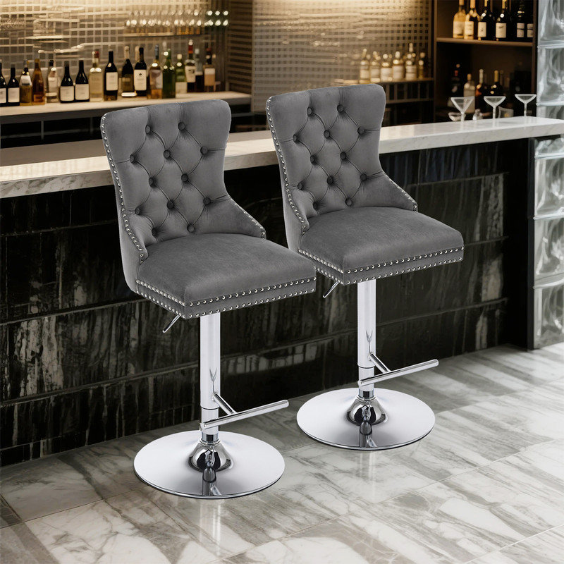 Tabourets de bar pivotants en velours de luxe avec hauteur réglable (ensemble de 2), Gris